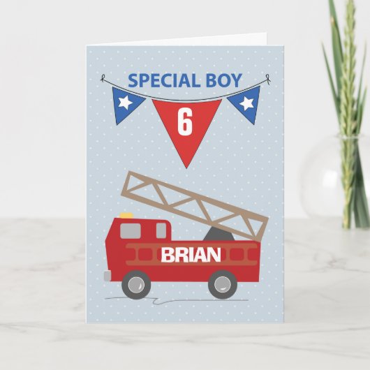 Custom Name and Age, 6th Birthday, Boy, Firetruck Kaart (Voorkant)
