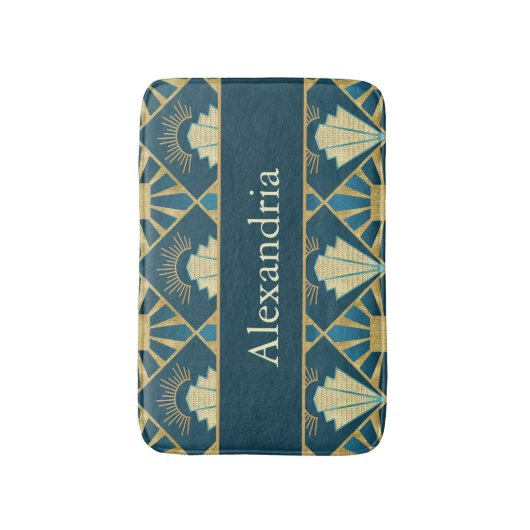 Custom Name Art Deco Teal & Gold Luxe Badmat (Voorkant Verticaal)