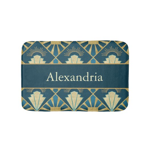 Custom Name Art Deco Teal & Gold Luxe Badmat (Voorkant)