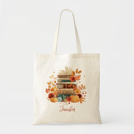 Custom Name Autumn Books & Pumpkin Cozy Reader Tote Bag (Voorkant)