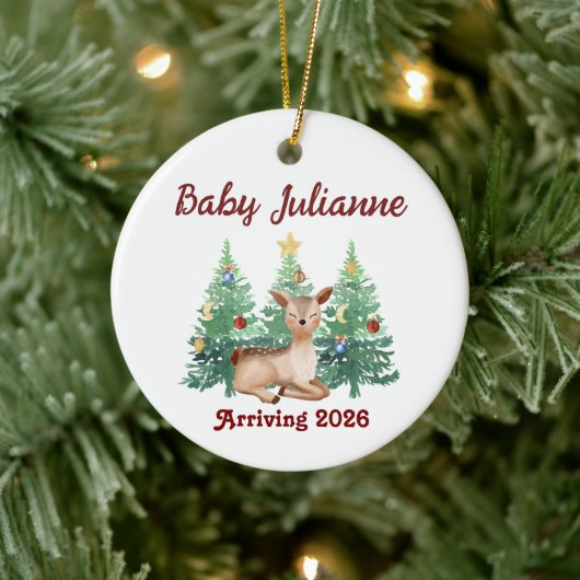 Custom Name Baby Announcement Deer Christmas Keramisch Ornament (Boom)