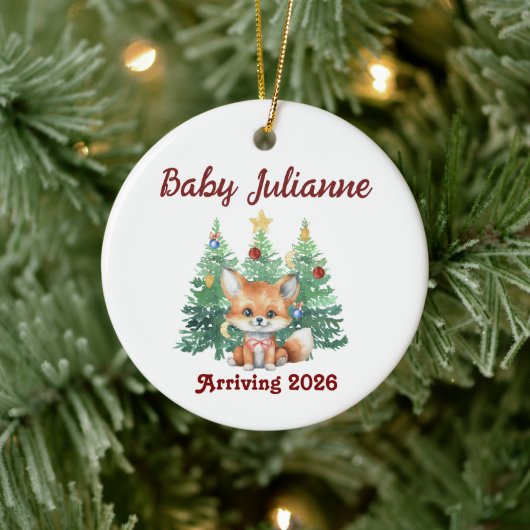 Custom Name Baby Announcement Fox Christmas Keramisch Ornament (Boom)