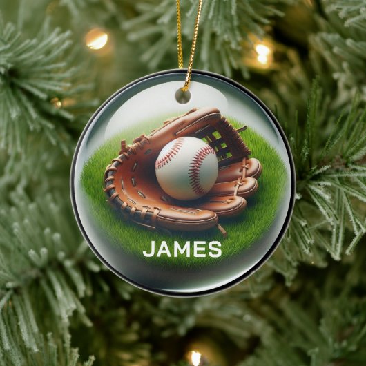 Custom Name Baseball Faux Glass‑Orb Look Keramisch Ornament (Boom)