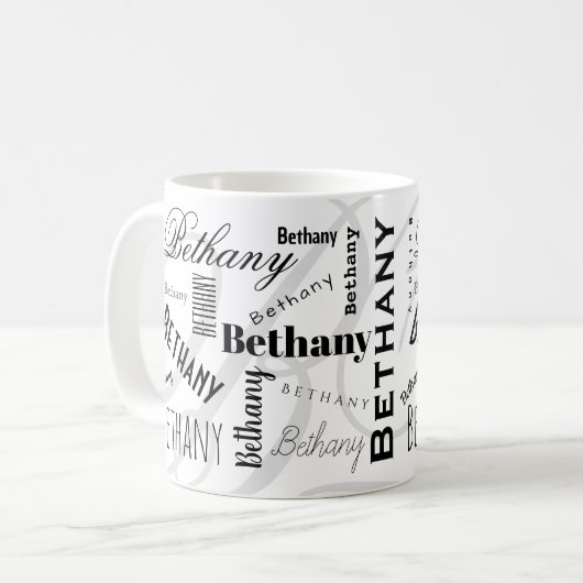 Custom Name Bethany Black White Coffee Mug Koffiemok (Voorkant links)