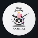 Custom Name Birthday Grote Klok<br><div class="desc">Celebrate with a twist! This unique birthday design blends the edgy pastel goth aesthetic with a touch of sweetness. Featuring a cute, rosy-cheeked skull topped with a melting pink birthday candle, it’s the perfect statement piece for those who love alternative styles. The bold "Happy Birthday" script and minimalist confetti accents...</div>