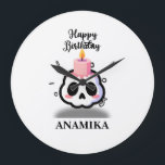 Custom Name Birthday Grote Klok<br><div class="desc">Celebrate with a twist! This unique birthday design blends the edgy pastel goth aesthetic with a touch of sweetness. Featuring a cute, rosy-cheeked skull topped with a melting pink birthday candle, it’s the perfect statement piece for those who love alternative styles. The bold "Happy Birthday" script and minimalist confetti accents...</div>