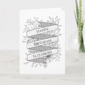 Custom Name Black & White Floral Birthday Kaart (Voorkant)