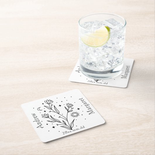 Custom Name Black & White Floral  Kartonnen Onderzetters (Insitu)