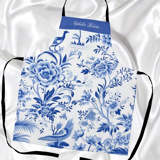 Custom Name Blue Chinoiserie Floral Kitchen Apron Schort