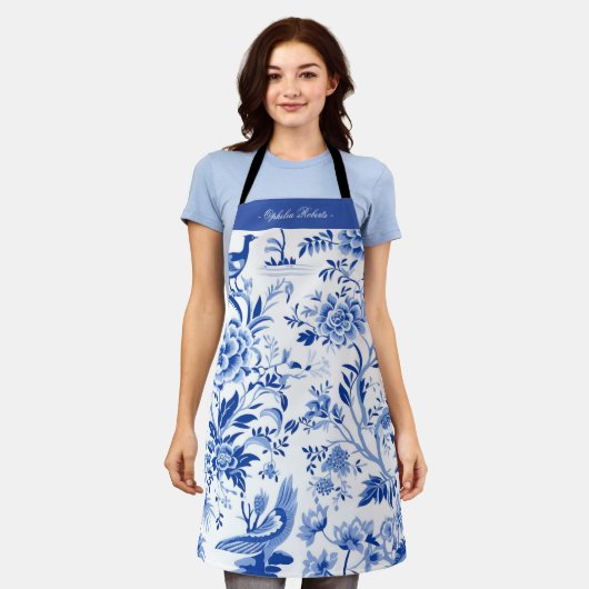 Custom Name Blue Chinoiserie Floral Kitchen Apron Schort (Gedragen)