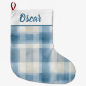 Custom Name Blue & White Plaid Christmas Stocking Grote Kerstsok (Voorkant)