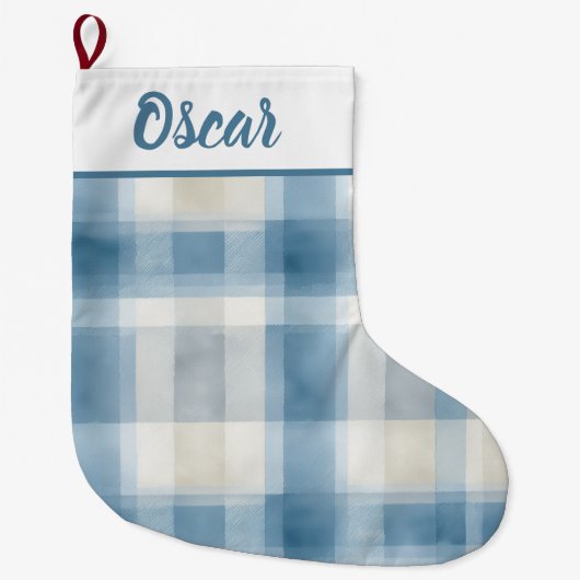 Custom Name Blue & White Plaid Christmas Stocking Grote Kerstsok (Voorkant)