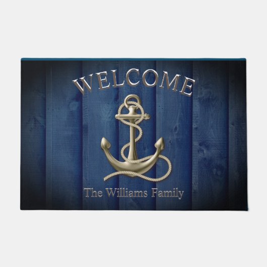 Custom Name Blue Wood Anchor Nautical Beach House  Deurmat (Voorkant)