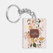 Custom Name Bohemian Peach Floral Script Name Sleutelhanger (Voorkant Links)