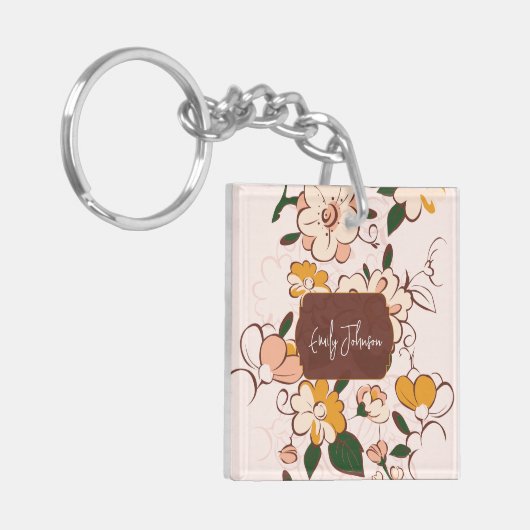 Custom Name Bohemian Peach Floral Script Name Sleutelhanger (Voorkant Links)