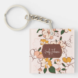 Custom Name Bohemian Peach Floral Script Name Sleutelhanger