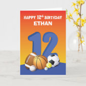 Custom Name Boy 12th Birthday Sports Balls Kaart (Gele Bloem)