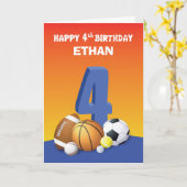 Custom Name Boy 4th Birthday Sports Balls Kaart (Gele Bloem)