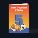 Custom Name Boy 5th Birthday Sports Balls Kaart<br><div class="desc">A perfect card to celebrate a playful boy’s 5th birthday that is happening soon. The assorted sports balls would tickle his playful imagination too. Most of all you can personalize this with his own name.</div>