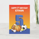 Custom Name Boy 5th Birthday Sports Balls Kaart<br><div class="desc">A perfect card to celebrate a playful boy’s 5th birthday that is happening soon. The assorted sports balls would tickle his playful imagination too. Most of all you can personalize this with his own name.</div>