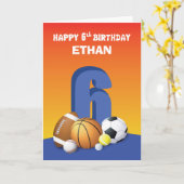 Custom Name Boy 6th Birthday Sports Balls Kaart (Gele Bloem)