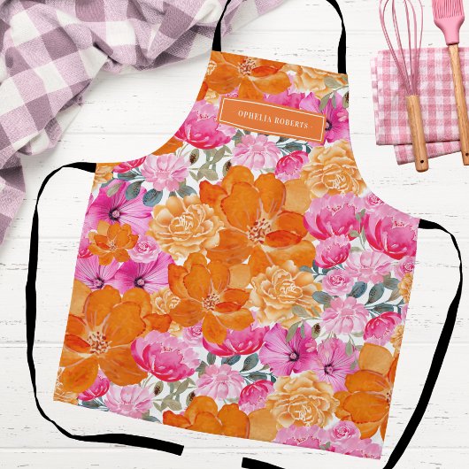 Custom Name Bright Orange Pink Floral Kitchen Schort