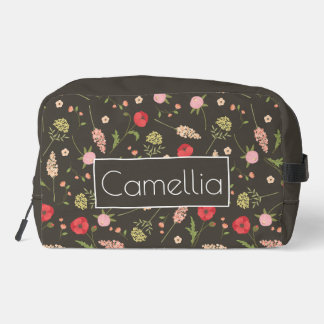 Custom Name Brown Red Pink Floral Pattern Toilettasje
