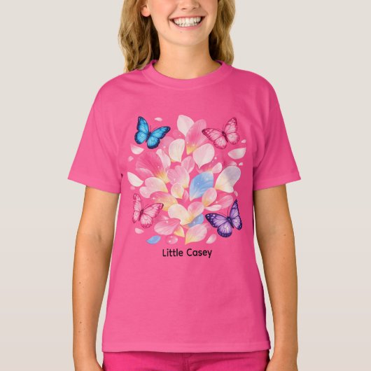 Custom Name Butterfly & Flower Kids T-Shirt (Voorkant)
