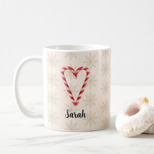 Custom Name Candy Cane Heart Snowflake Pattern Koffiemok (Met donut)