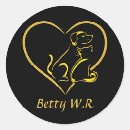 Custom Name Cat, Dog and Love Line Art Ronde Sticker