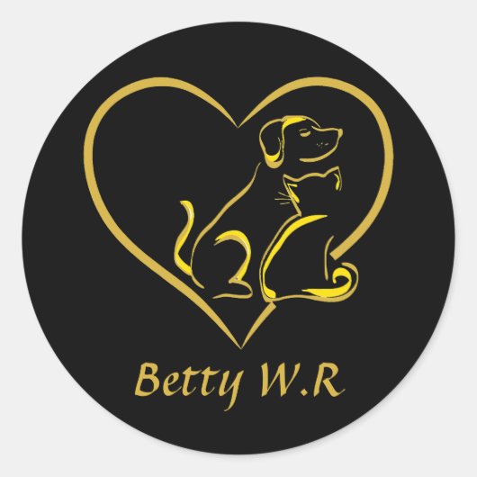 Custom Name Cat, Dog and Love Line Art Ronde Sticker (Voorkant)