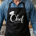 Custom Name Chef Apron for Men or Women Schort<br><div class="desc">Simple, elegant, and timeless, this custom chef apron features a stylish script “Chef” design with a classic chef hat icon and personalized name detail. The clean black-and-white layout gives it a modern look that works beautifully for cooking, baking, grilling, meal prep, and entertaining. Suitable for home chefs, bakers, food lovers,...</div>