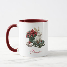 Custom Name Christmas Bunny Rabbit Red Poinsettia Mok