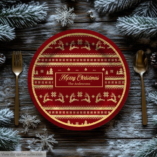 Custom Name Christmas Paper Plates Luxe Red Gold Papieren Bordje