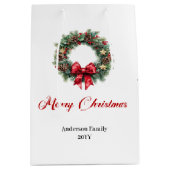 Custom name Christmas wreath bag red and green   Medium Cadeauzakje (Voorkant)