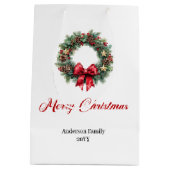 Custom name Christmas wreath bag red and green   Medium Cadeauzakje (Achterkant)