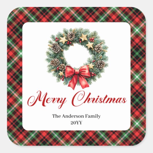 Custom Name Christmas Wreath Red Green Plaid Label (Voorkant)