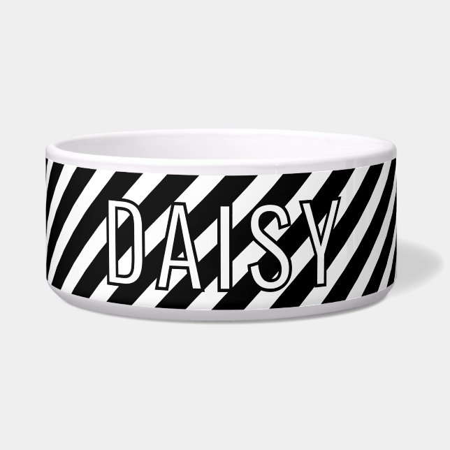 Custom Name Classic White Black Stripe Pattern Voerbakje (Voorkant)