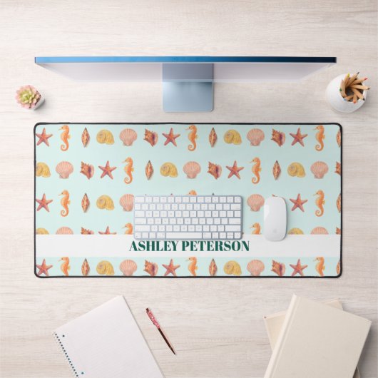 Custom Name Coastal Watercolor Seashells Teal Bureaumat (Kantoor 1)