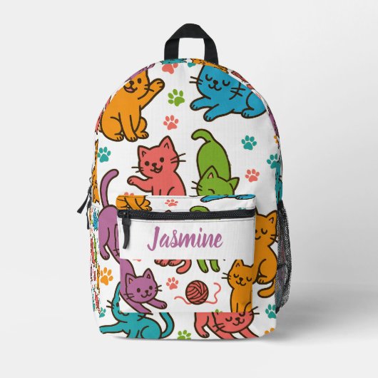 Custom Name Colorful Cartoon Cat Backpack – Kids Bedrukte Rugzak (Voorkant)