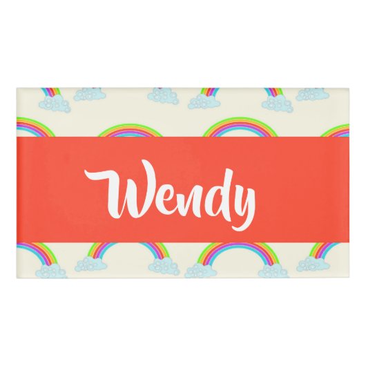 Custom name colorful rainbows and clouds naambadge (Voorkant)