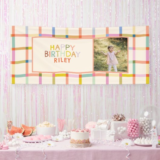Custom Name Colourful Modern Plaid Birthday Photo Spandoek (Feest)