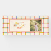 Custom Name Colourful Modern Plaid Birthday Photo Spandoek (Horizontaal)