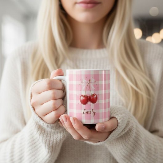 Custom Name Coquette Cherry Mug Red Bows Aesthetic Koffiemok