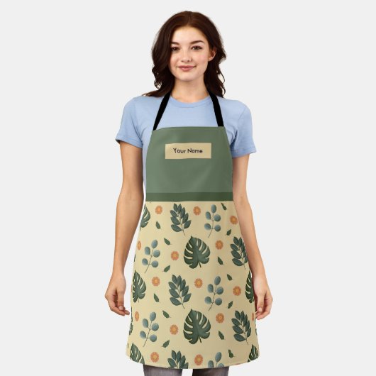 Custom Name Cream and Sage Green Botanical Apron Schort (Gedragen)