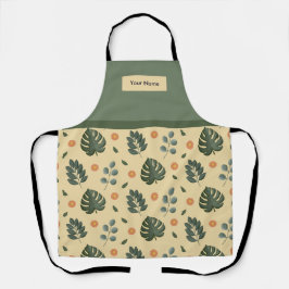Custom Name Cream and Sage Green Botanical Apron Schort