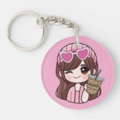 Custom Name Cute Anime Girl Iced Coffee Keychain (Voorkant)