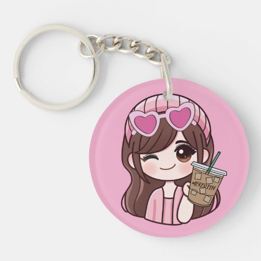 Custom Name Cute Anime Girl Iced Coffee Keychain (Voorkant)