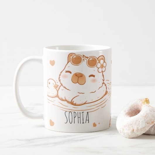 Custom Name Cute Capybara With Sunglasses Kids Koffiemok (Met donut)