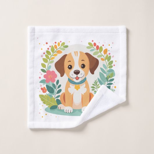 Custom Name Cute Floral Dog Puppy Kids Bad Handdoek (Wasdoekje)